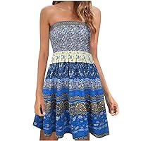 Deal of The Day Clearance Women's Strapless Boho Dress Floral Print Sundress Sexy Smocked Stretch Midi Dresses Flowy Pleated Tube Sundresses Dark Green Dress