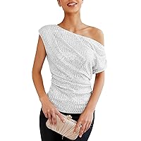 Off The Shoulder Tops for Women, Ladies Casual Sexy One Sequin Pleated Short Sleeve Top Cotton Blouses Smocked