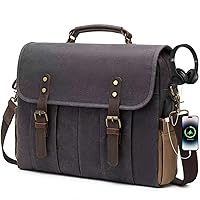 Vintage Mens Messenger Bag 15.6 inches Waterproof Genuine Leather Waxed Canvas Satchel Shoulder Bag Briefcase Laptop Bag with Charging,Headset Port Gray