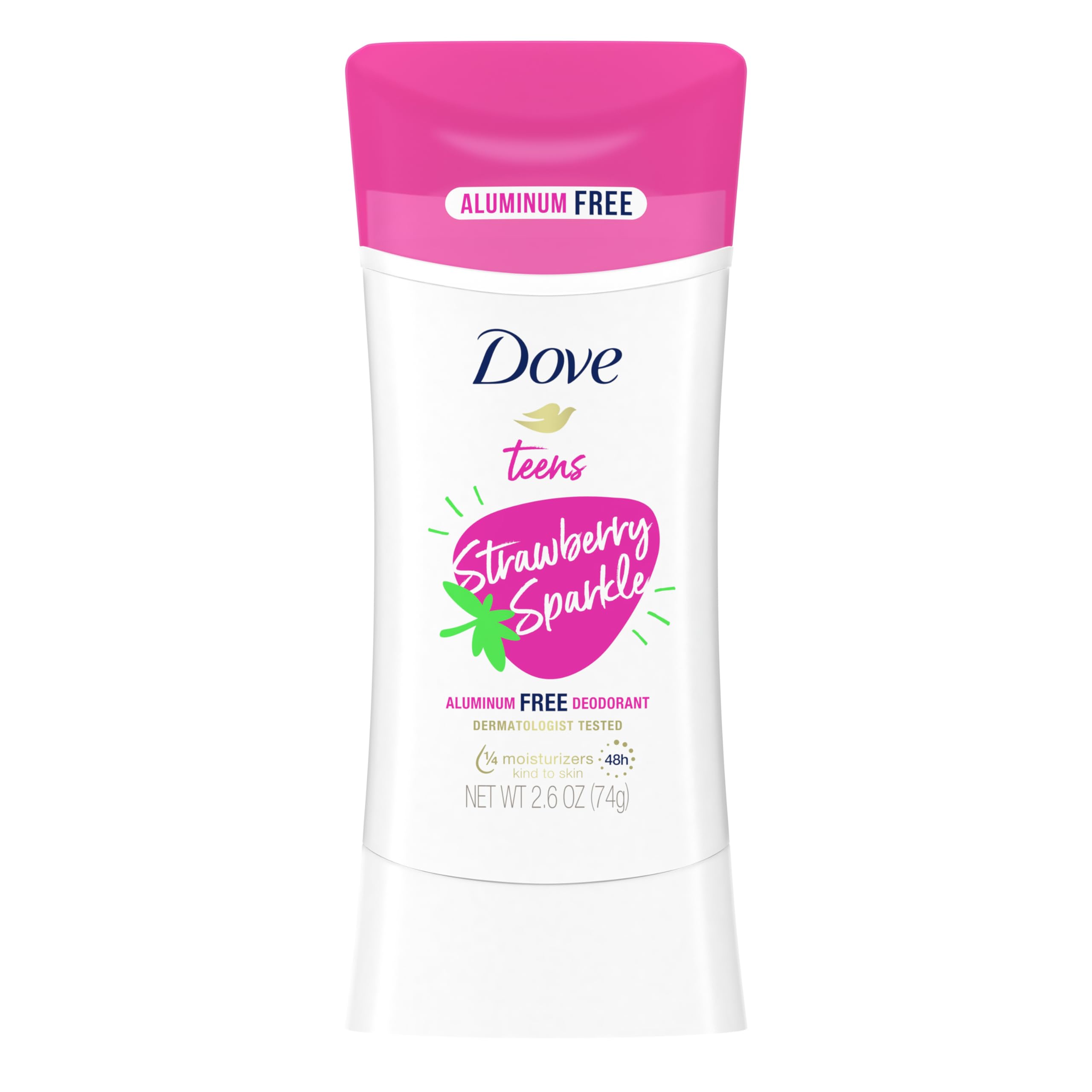 Dove Teens Deodorant Stick Strawberry Sparkle, for gentle underarm care, 48-hour odor protection and aluminum free deodorant, 2.6 oz