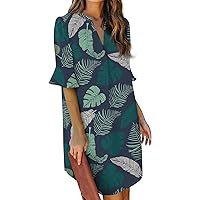 Women's Sundresses 2024 Bubble Sleeved Hawaiian Printed V-Neck Prom Dress Hawaiian Dresses for Women, S-2XL