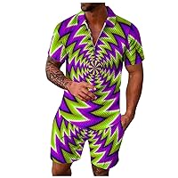 Hawaiian Dizzy Graphic Outfits For Men Novelty Summer Beach Lapel Quarter-Zip Comfortable Shirt and Shorts Set