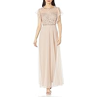 J Kara Women's Illusion Neckline Flutter Sleeve Beaded Long Dress