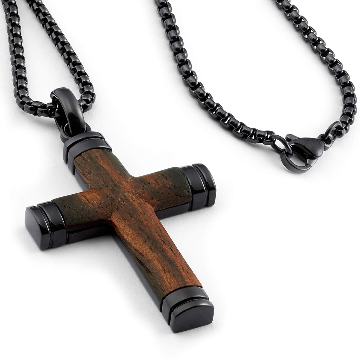 Metal Masters Co. Black Stainless Steel Cross Pendant, Real Santos Wood Free Necklace 24