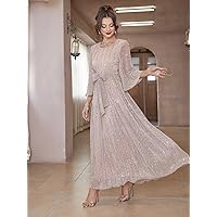 Summer Dresses for Women 2023 Flounce Sleeve Belted Sequins Dress (Color : Apricot, Size : X-Large)