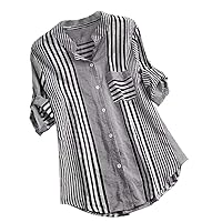 Casual 3/4 Sleeve Button Up Shirts for Women V Neck Striped Tunic Tops Lightweight Loose Fit Plus Size Work Blouse