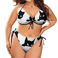 Women Black Cats Looking Plus Size String Triangle Bikini Set,Adjustable Halter Side Tie Swimsuit