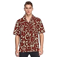 Hawaiian Button Up Short Sleeve Shirt Men Abstract Flowers Dark Red Printed Camisas para Hombre