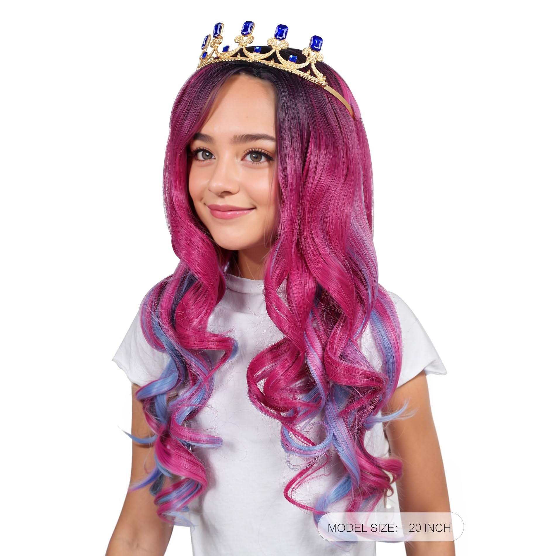 ColorGround Kids Long Wavy Pink and Light Blue Mixed Cosplay Wig with Crown