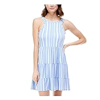 Womens Light Blue Stretch Striped Sleeveless Jewel Neck Above The Knee Fit + Flare Dress Juniors XL