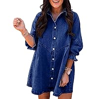 Sidefeel Womens Smocked 3 4 Sleeve Button Down Denim Jeans Dresses