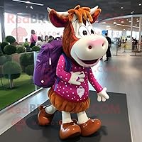 Magenta Guernsey Cow mascot costume character dressed with a Skirt and Backpacks