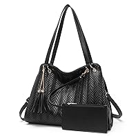 Miss Lulu Women Handbag Fashion Hobo Shoulder Bag, Large Capacity Top Handle Bags with Multi Pocket, Faux Leather Shoulder Bag Elegant with Tassels and Woven pattern