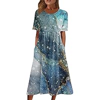 Horror Summers Wedding Tunic Dress Womans Short Sleeve Shift Round Neck Print Dresses Lady Light Cotton Fit Blue XL