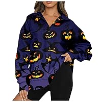 Women Halloween Hoodies Half Zip Pullover Oversized Lapel Sweatshirt Horror Pumpkin Fleece Holiday Pullover