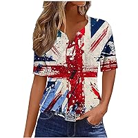 Britain Flag Print Patriotic Tops Women Short Sleeve V Neck Henley Shirts Summer Dressy Button Up Pullover Blouses