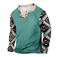Mens 3 Button Henley Shirts Loose V-Neck Shirt Classic Long Sleeve Tee Shirts with Western Aztec Ethnic Print Tops
