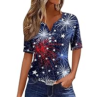 Henley Tops for Women Patriotic Shirts American Flag Print Tees July 4Th Outfit Short Sleeve Trendy Tshirts Tunics