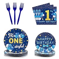 Tevxj 96PCS Mr Onederful 1st Birthday Tableware Set First Birthday Dinnerware Disposable Plates Birthday Theme Party Plates Napkins Forks for Baby Boy 1st Birthday Party Decorations Supplies 24 guests
