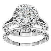 2.00 CT TW GIA Certified Diamond Encrusted Halo Engagement Bridal Set in 14k White Gold Pave Setting
