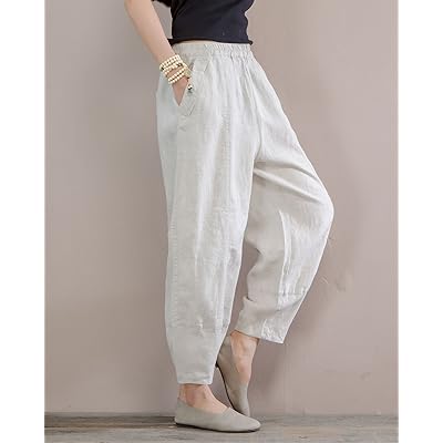 IXIMO Women's 100% Linen Pants Relax Fit Lantern Cropped TaperedPants  Trousers with Elastic Waist