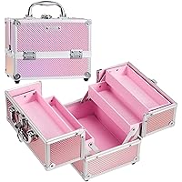 FRENESSA Makeup Train Case Beauty Cosmetic Box 4 Tier Trays Jewelry Storage Organizer with Lockable Pink Lining Perfect for Women and Girls - Mermaid Pink