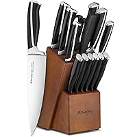 Knife Set, Emojoy 15 Piece Kitchen Set with Block Wooden, German Stainless Steel Sharp Chef Sharpener, Knives Black