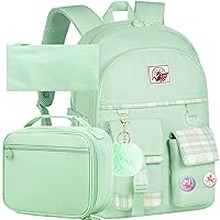 gxtvo 3PCS Bookbag for Girls, Water Resistant Aesthetic Backpack with Lunch Box, 17 Inch Anti Theft Cute School Bag Set for College Teenagers Senior Junior Elementary - Green