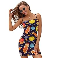 Cute Fox in Space Mini Dresses for Women Adjustable Strap Sexy Cross Tie Backless Sundress