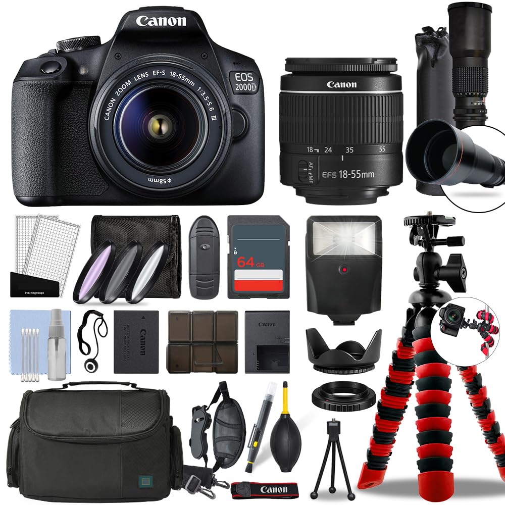 Canon EOS 2000D / Rebel T7 Digital SLR Camera Body with Canon EF-S 18-55mm f/3.5-5.6 Lens & 500mm Telephoto DSLR Kit 64GB Card Complete Accessory Bundle + Flash & More - International Model (Renewed)