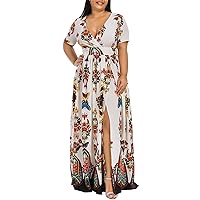Plus Size Fashion Women Butterfly Printed V-Neck Short Sleeve Casual Long Dress
