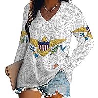 Paisley Virgin Islands Flag Women's Long Sleeve Shirts Athletic Workout T-Shirts V Neck Sweatshirts Casual Tops