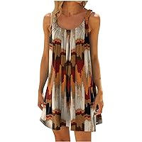 Sundresses for Women Summer Casual Sleeveless Round Neck Pleated Beach Dress Vintage Floral A-Line Flowy Dress