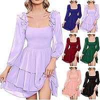 Dresses for Women 2024 Fashion Solid Color Summer Dress Sexy Square Collar Slim Long-Sleeved Layered Dresses Pretty