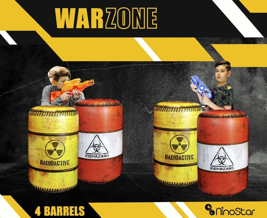 Pack of 4 Combat Battlefield Inflatables + Pack of 4 Barrels Inflatable Compatible with Nerf,Laser Tag, Water Blaster, Water Gun, for Boys Party, Kids and Adults, Indoor and Outdoor