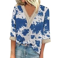 Going Out Tops for Women Lace 3/4 Sleeve V Neck T-Shirts Loose Fit Graphic Tees Spring Casual Comfortable Tunic Clothes