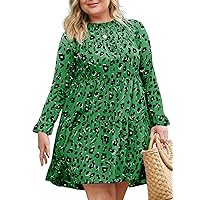 Eytino Womens Plus Size Dress Leopard Printed Crewneck Long Sleeve Flowy Mini Dresses,3X Green