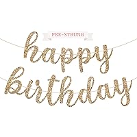 Pre-Strung Happy Birthday Banner - NO DIY - Gold Glitter Birthday Party Banner in Script - Pre-Strung Garland on 6 ft Strands - Gold Birthday Party Decorations & Decor. Did we Mention no DIY?