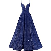 Glittery Cloth Women's Glittery Spaghetti V-Neck Prom Dresses Long Side Split Formal Evening Gowns