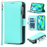 XYX Wallet Case for iPhone 12 6.1 Inch, Solid Color Microfiber PU Leather Flip Zipper Purse Phone Case with Wrist Strap Kickstand, Green