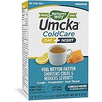 Nature's Way Umcka ColdCare Day+Night Homeopathic, Shortens Colds, Sore Throat, Cough, and Congestion, Phenylephrine Free, Lemon & Honey Flavors, 12 Packets Hot Drink Mixes