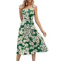 Dresses for Women 2024 Summer Beach Loose Round Neck Dress Sleeveless Midi A-Line Swing Sundresses with Pockets