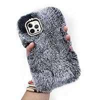 Losin Compatible with iPhone 14 Pro Max Case Cute Plush Furry Case with Glitter Lanyard Strap Bling Diamond Camera Lens Protector Soft Winter Warm Plush Fluffy Fur Cover for Women and Girls, Dark Gray