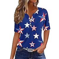 Womens American Flag Shirt Patriotic Star Striped Print Tshirt 4th of July Tee Button V Neck Blouse Summer Short Sleeve Tops