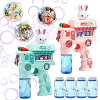 2 Pack Bubble Gun Machine for Kids, Automatic Bubble Blower with Music & Light, Rabbit Bubble Machine with 4 Bubble Refill Solution for 3+ Years Old Boys Girls, Easter, Summer Party Outdoor Toys