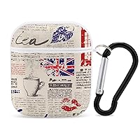UK Old London Newspaper Print Case Cover for AirPods 1 & 2 Earbuds Protective Hard Cover with Keychain