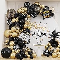 Happy New Year Party Decorations - 130pcs Black and Glod Balloon Garlands Arch Kit, Large Bottle Foil Balloon 2024 New Years Eve Party Background Anniversary Graduation Home Supplies (Black Gold)