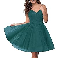 Glitter Tulle V-Neck Homecoming Dresses Teens Short Sparkly Spaghetti Straps Prom Party Gown