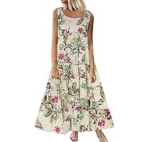 Women's Plus Size Cotton Linen Boho Tank Dress Summer Floral Print Sleeveless Crew Neck Swing Loose Casual Beach Dress