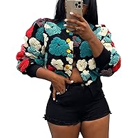Flygo Women's Cropped Floral Print Fleece Bomber Jacket Puff Sleeve Button Down Varsity Coat Outerwear